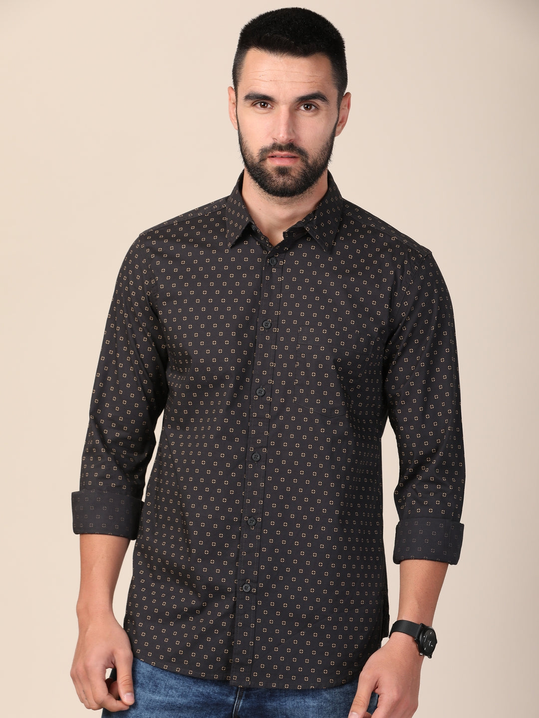 Men Spread Collar Classic Slim Fit Printed Casual Shirt