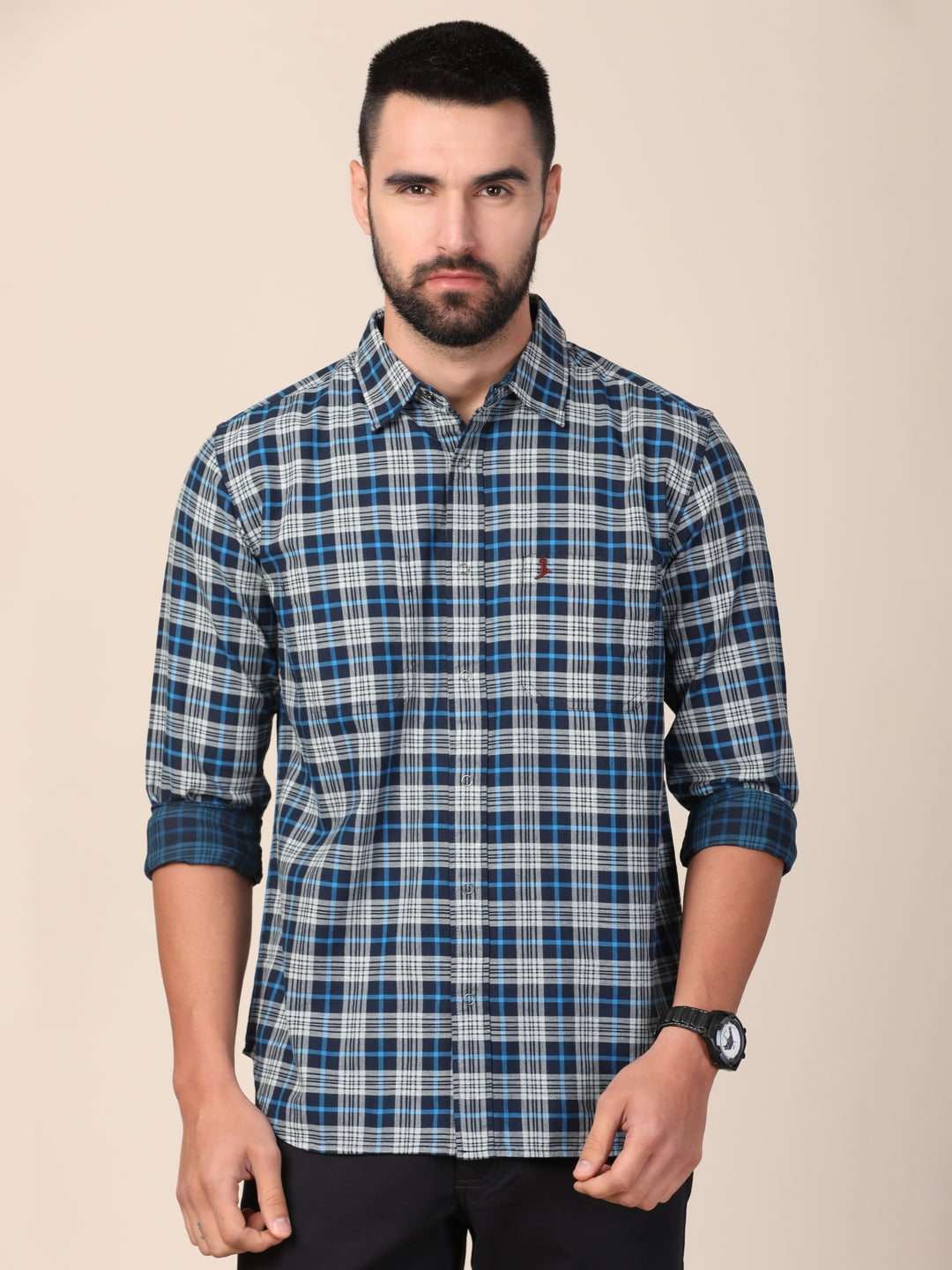 Men Blue & White Slim Fit Tartan Checked Pure Cotton Casual Shirt