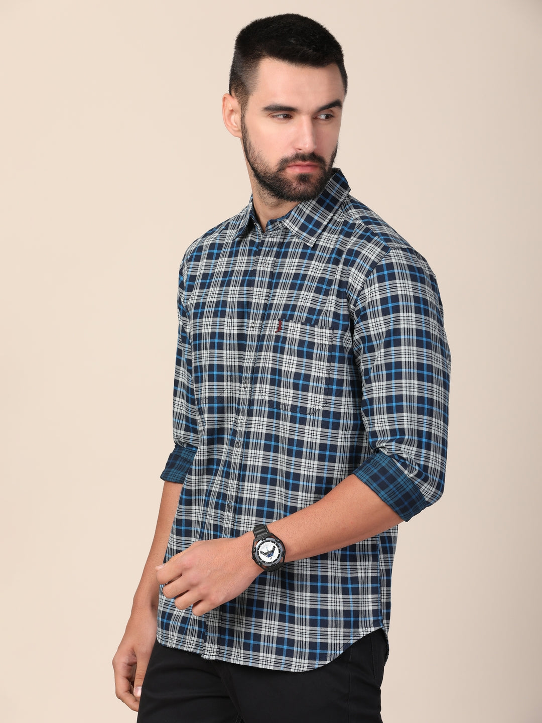 Men Blue & White Slim Fit Tartan Checked Pure Cotton Casual Shirt