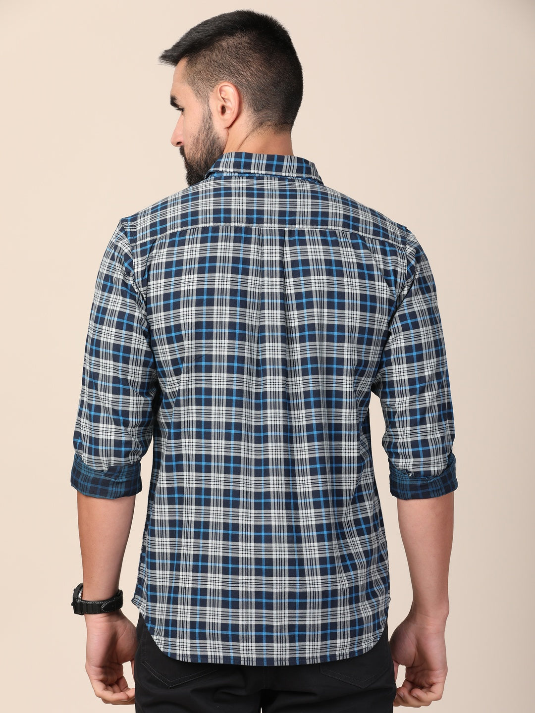 Men Blue & White Slim Fit Tartan Checked Pure Cotton Casual Shirt