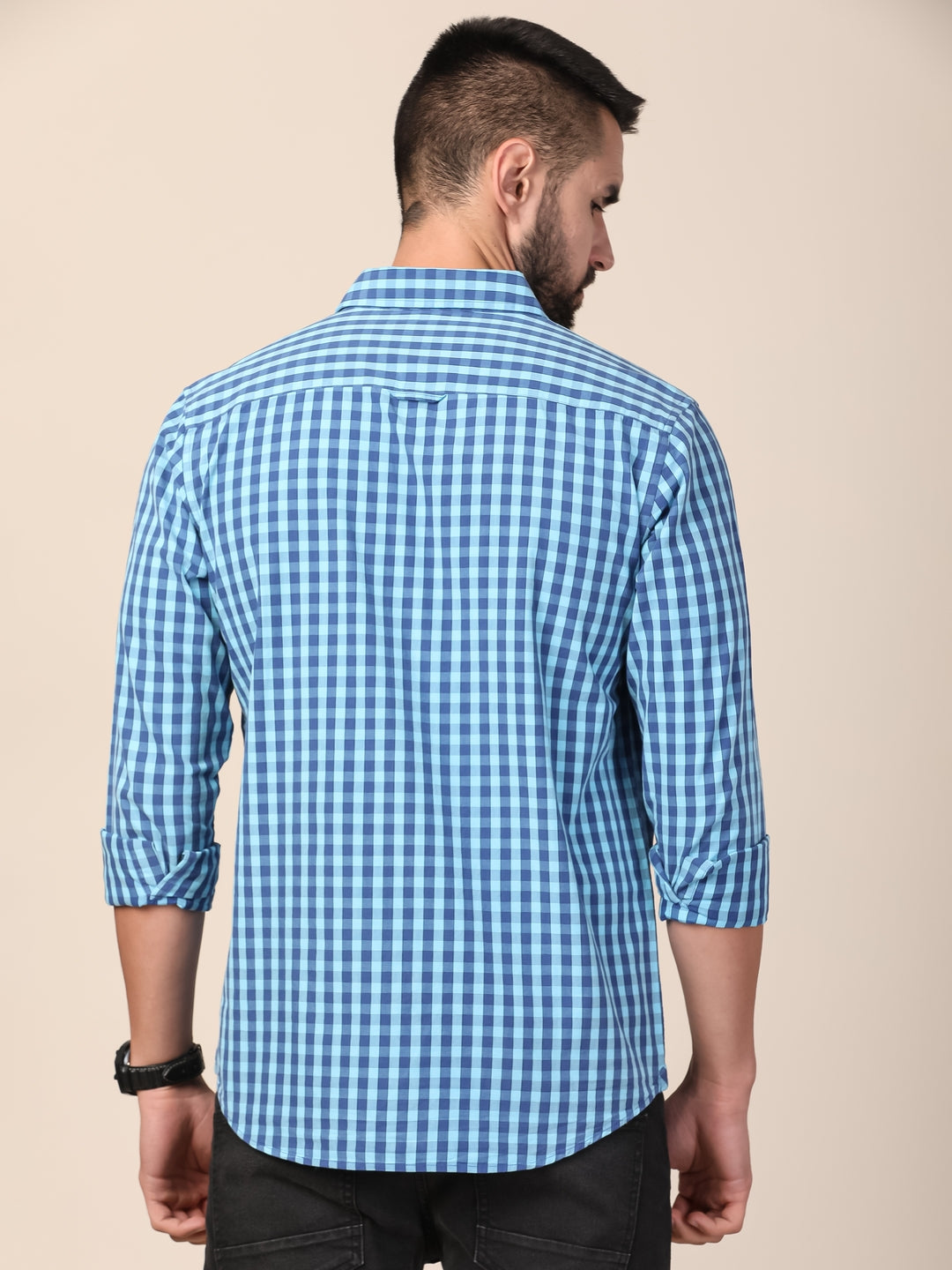 MERCHANT MARINE Men Blue Classic Slim Fit Gingham Checked Casual Shirt