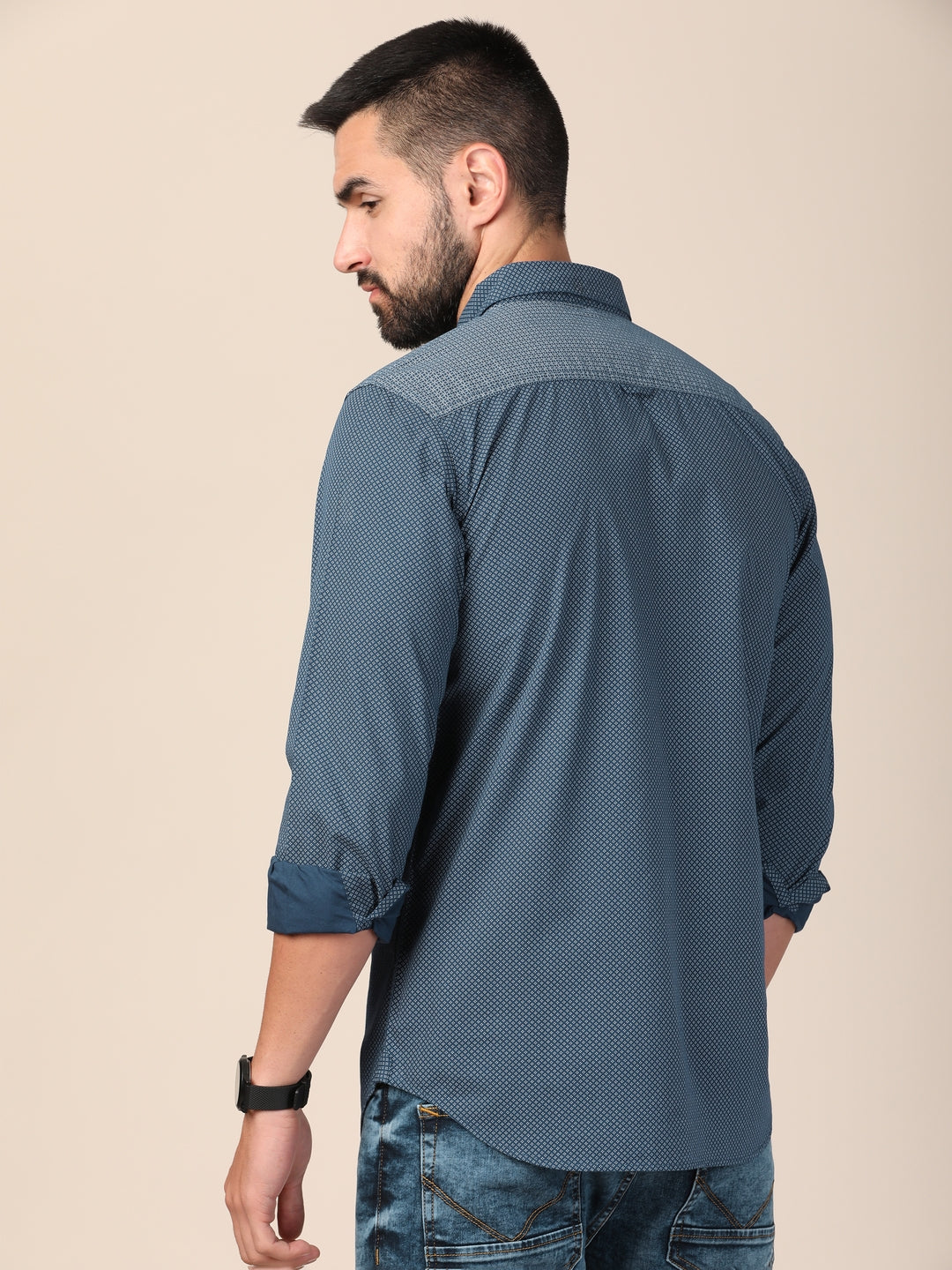 merchant-marine-men-navy-blue-classic-micro-checks-printed-slim-fit-cotton-casual-shirt