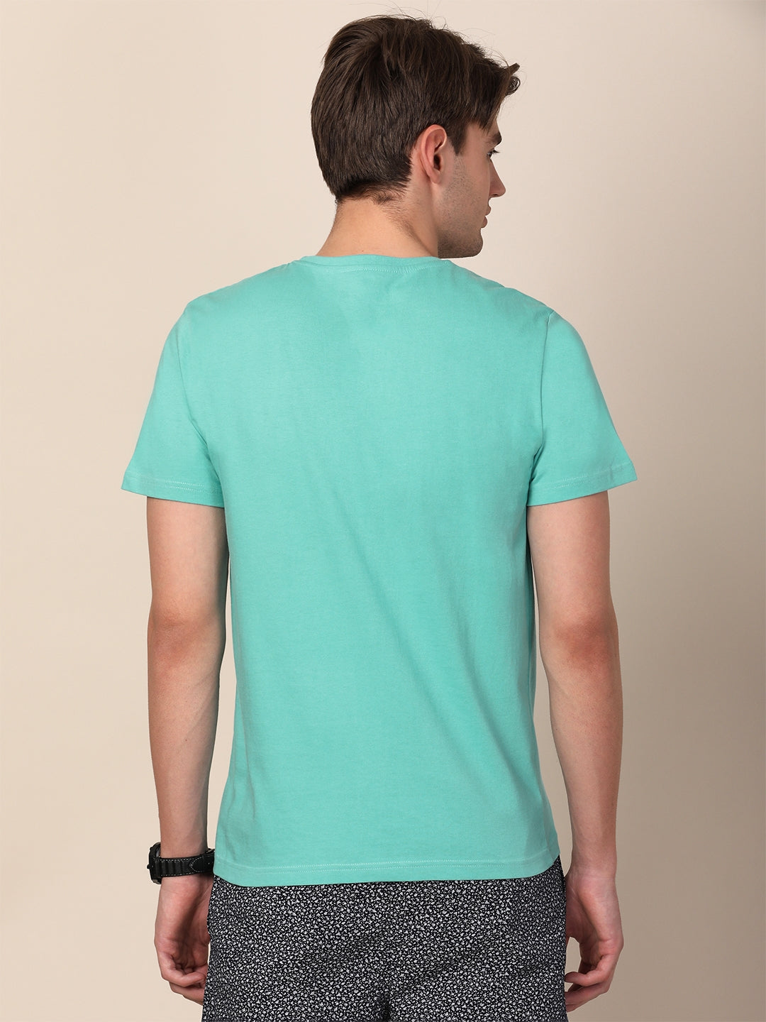 MERCHANT MARINE Men Turquoise Blue Pure Cotton Regular Fit T-shirt