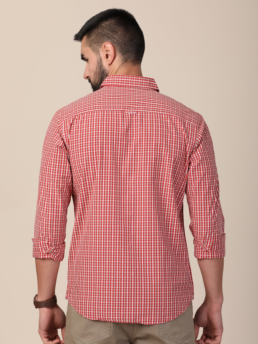 MERCHANT MARINE Men Red Classic Slim Fit Checked Cotton Casual Shirt