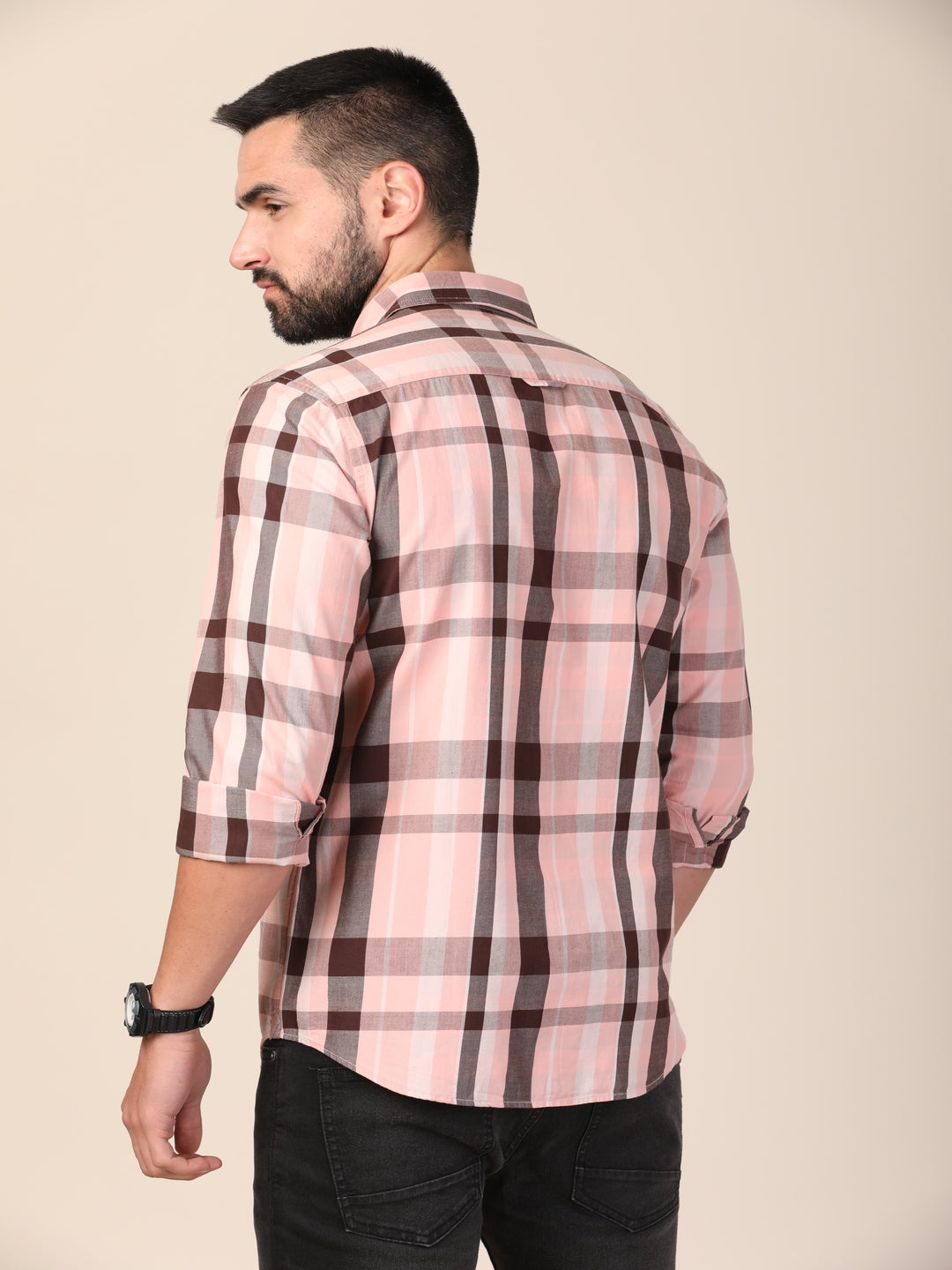 MERCHANT MARINE Men Pink Classic Slim Fit Tartan Checks Checked Casual Shirt