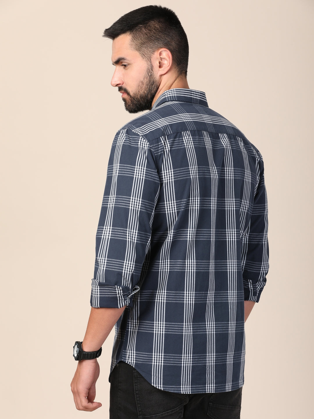 MERCHANT MARINE Men Navy Blue Classic Slim Fit Checked Casual Shirt