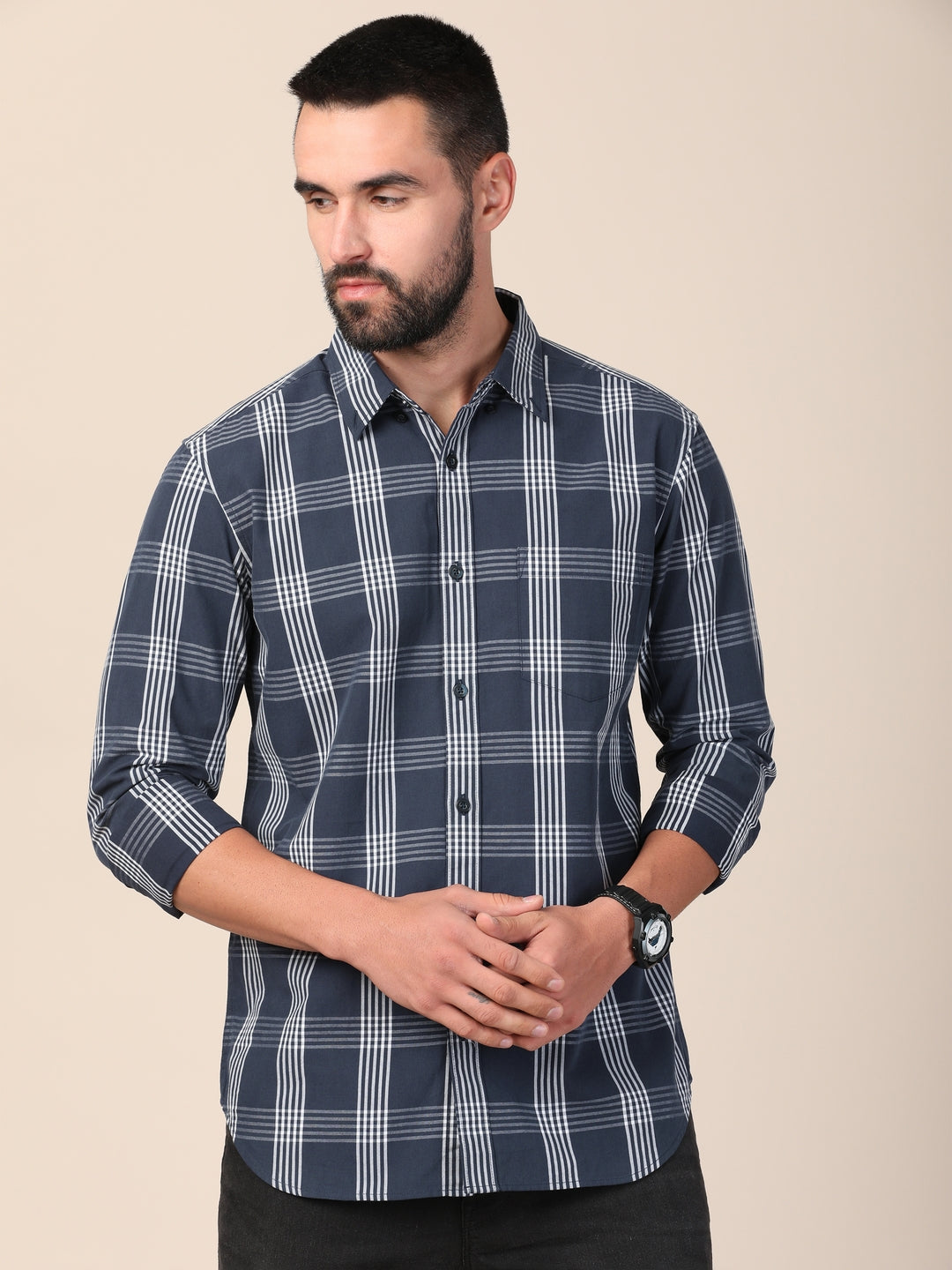 merchant-marine-men-navy-blue-classic-slim-fit-checked-casual-shirt