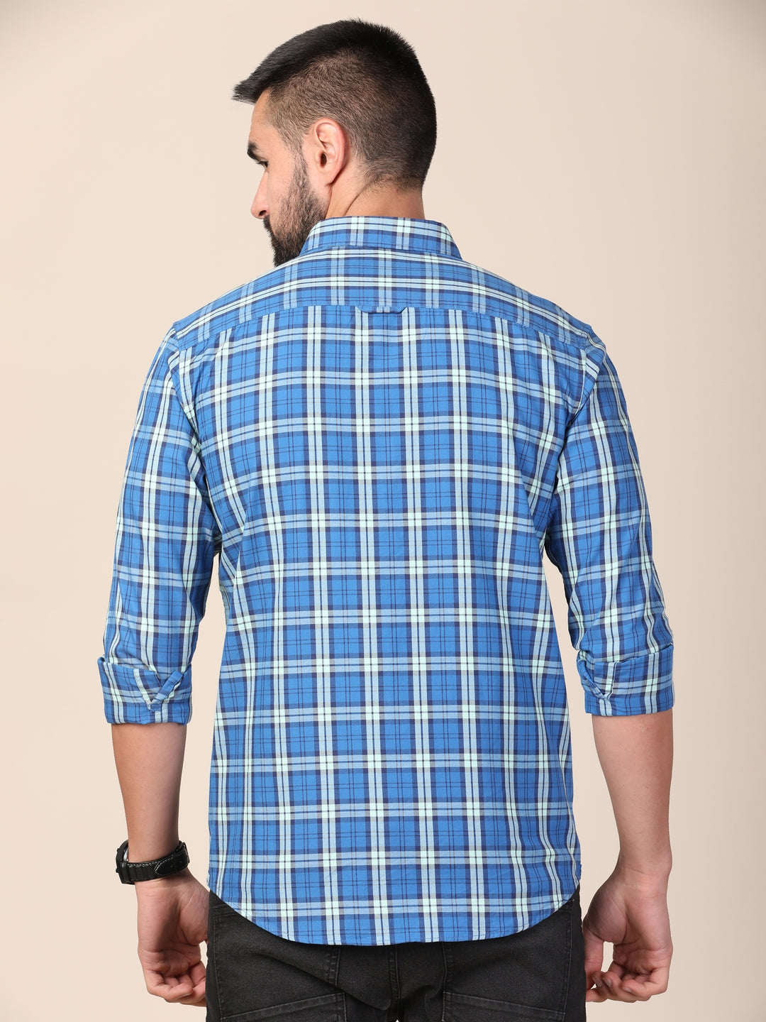 MERCHANT MARINE Men Blue Classic Slim Fit Tartan Checked Cotton Casual Shirt
