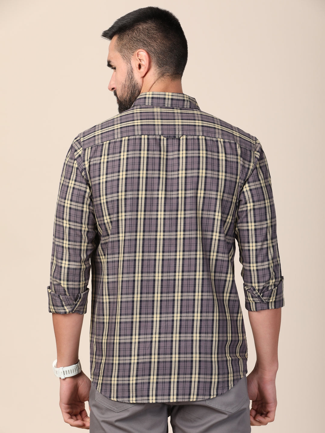 MERCHANT MARINE Men Grey Classic Slim Fit Tartan Checks Checked Cotton Casual Shirt