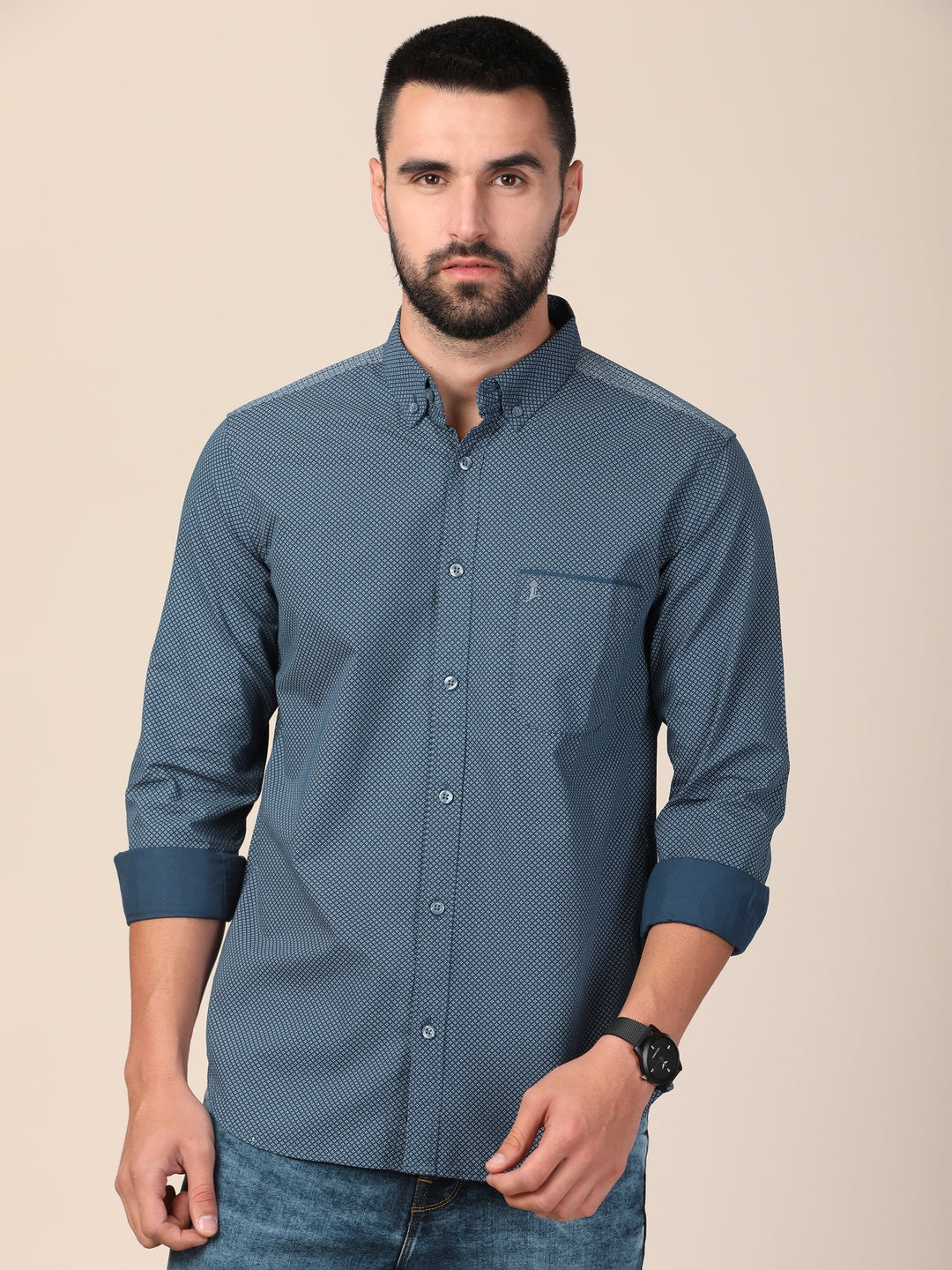 merchant-marine-men-navy-blue-classic-micro-checks-printed-slim-fit-cotton-casual-shirt