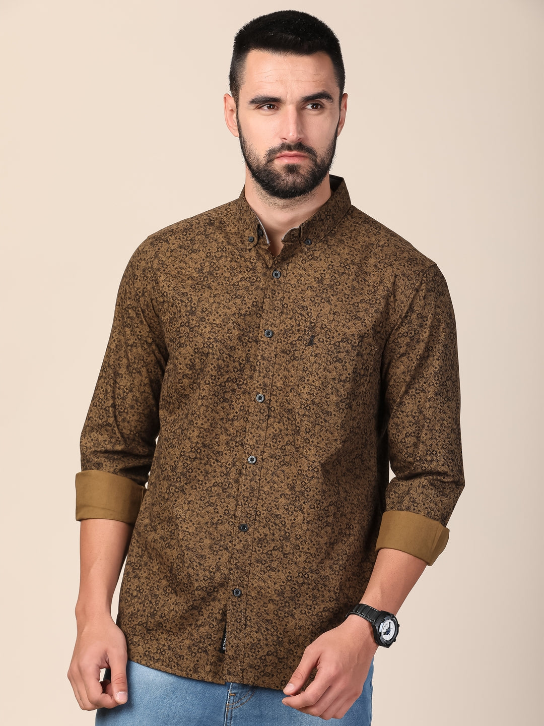 MERCHANT MARINE Men Brown & White Slim Fit Floral Printed Cotton Casual Shirt
